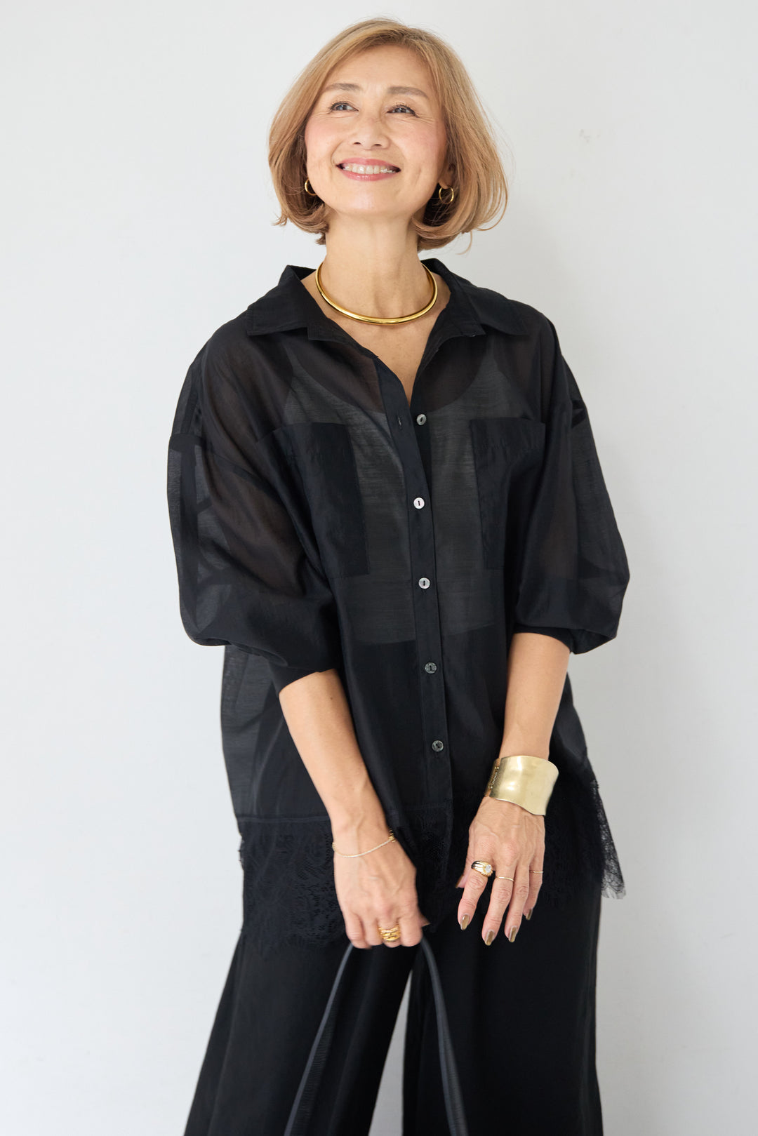 裾レース テンセル混シアーオーバーシャツ