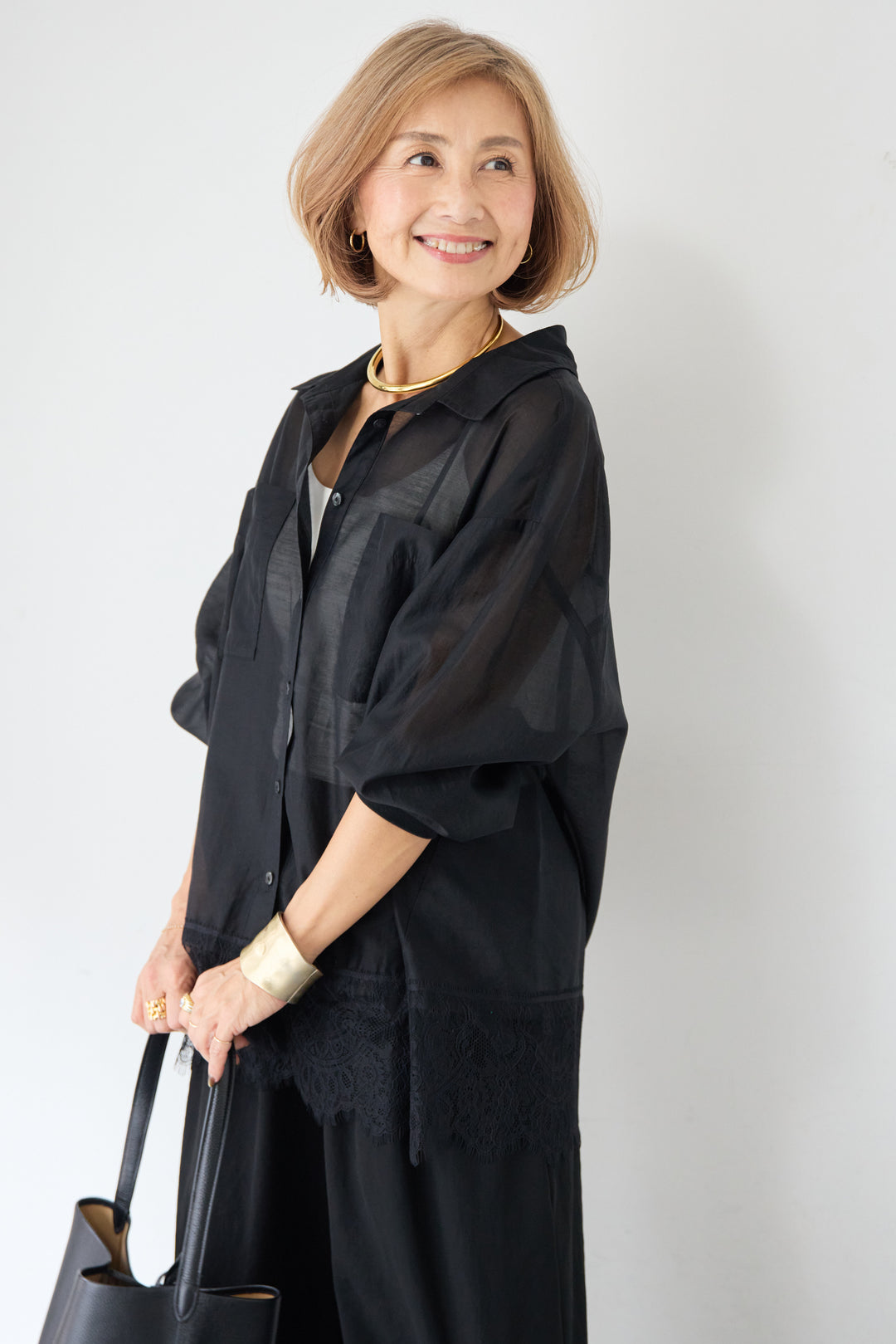 裾レース テンセル混シアーオーバーシャツ