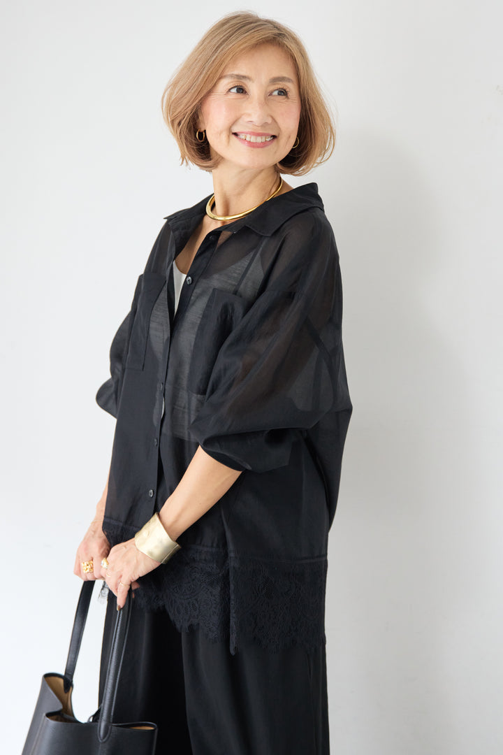 [SET]裾レース テンセル混シアーオーバーシャツ+ウエストバックゴム 2ボタンワイドパンツ(2set)