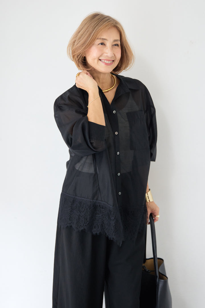 裾レース テンセル混シアーオーバーシャツ