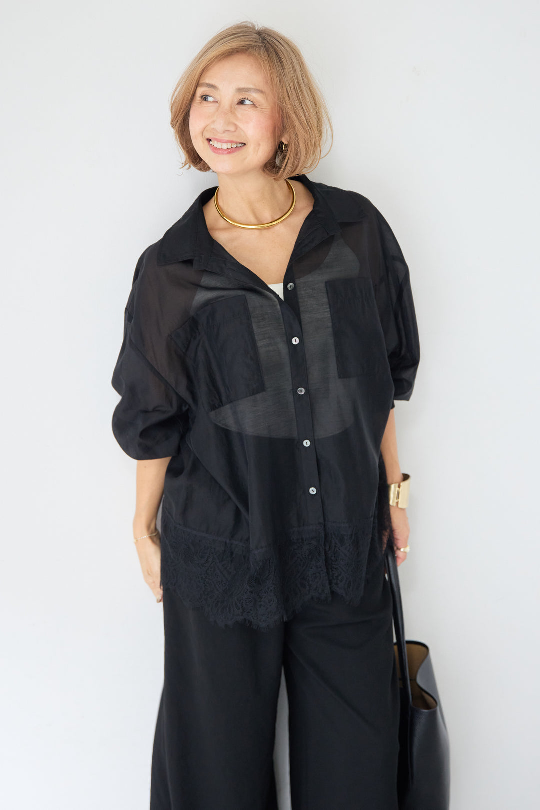 裾レース テンセル混シアーオーバーシャツ