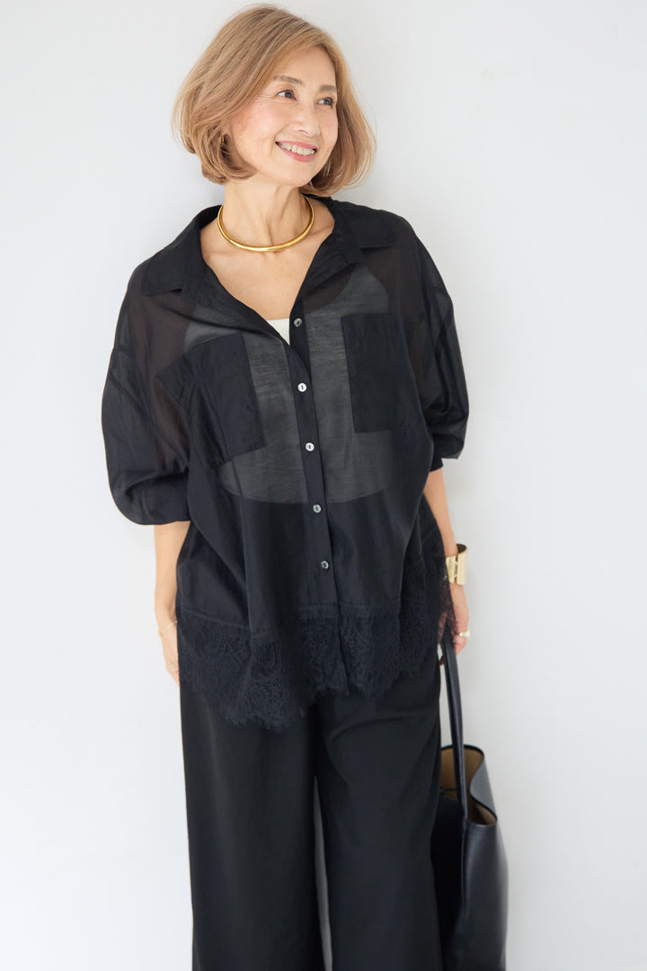 裾レース テンセル混シアーオーバーシャツ