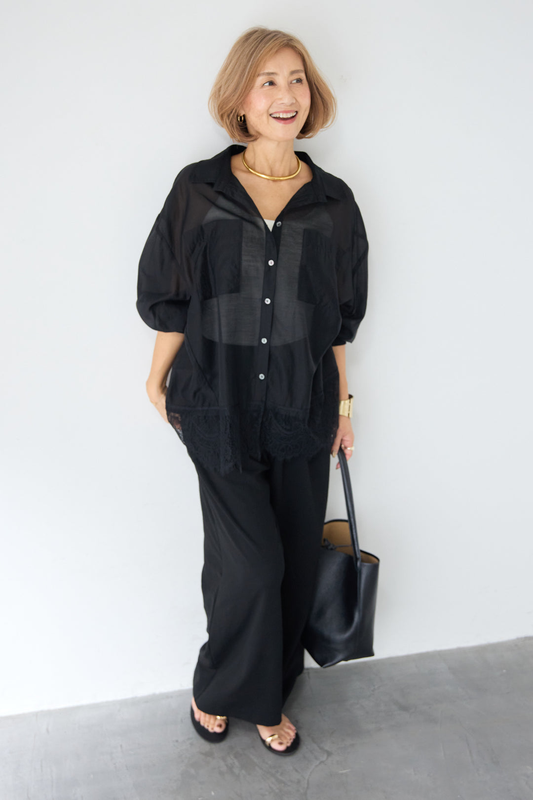 裾レース テンセル混シアーオーバーシャツ