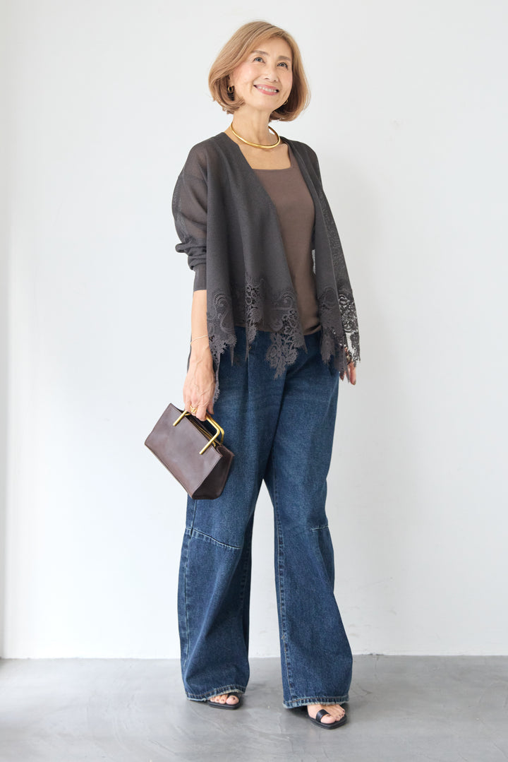 裾リバーレース切り替え シアーニットカーディガン