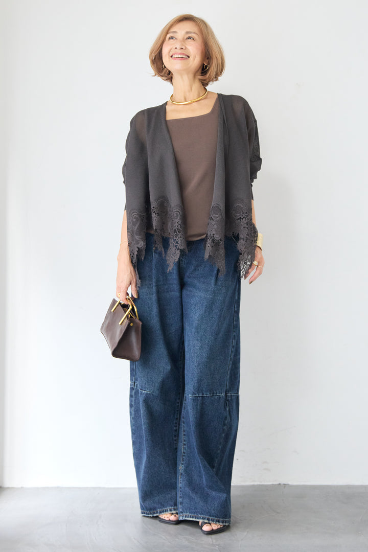 裾リバーレース切り替え シアーニットカーディガン