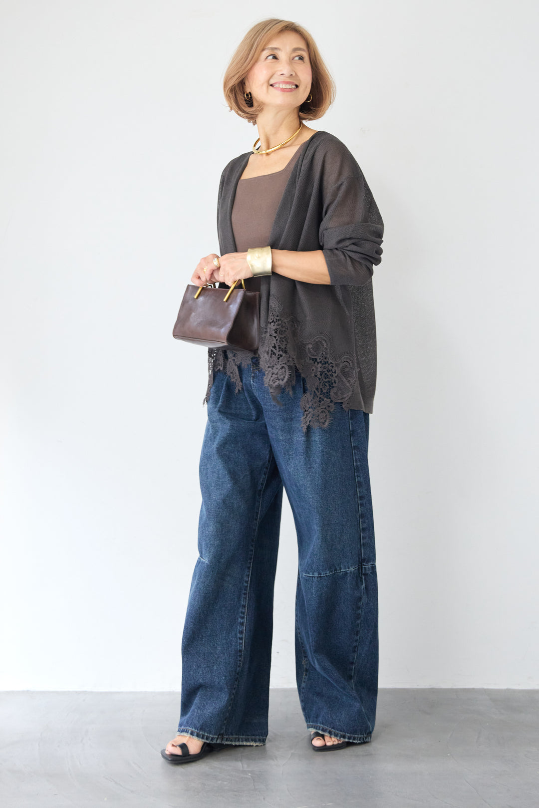 裾リバーレース切り替え シアーニットカーディガン