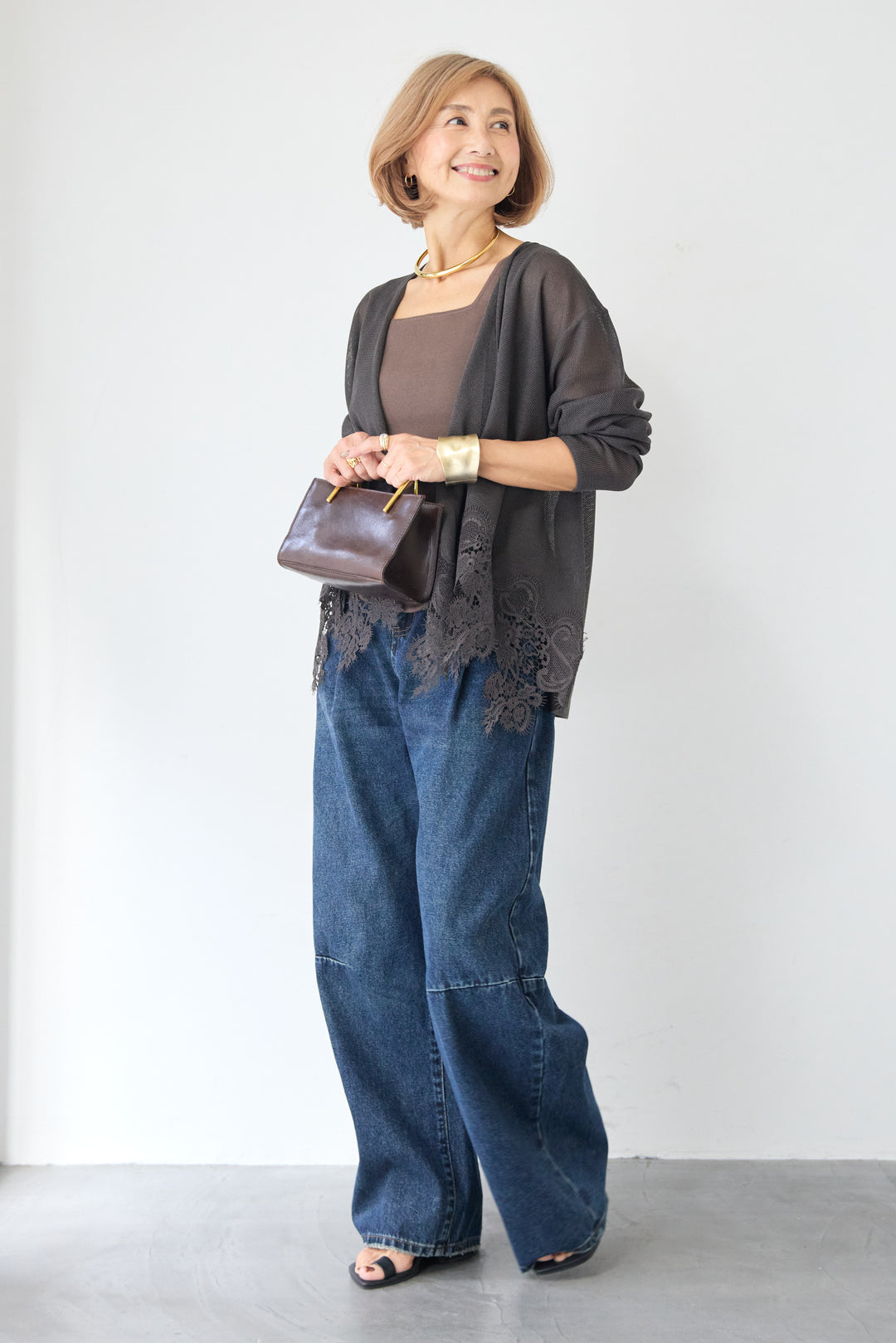 裾リバーレース切り替え シアーニットカーディガン