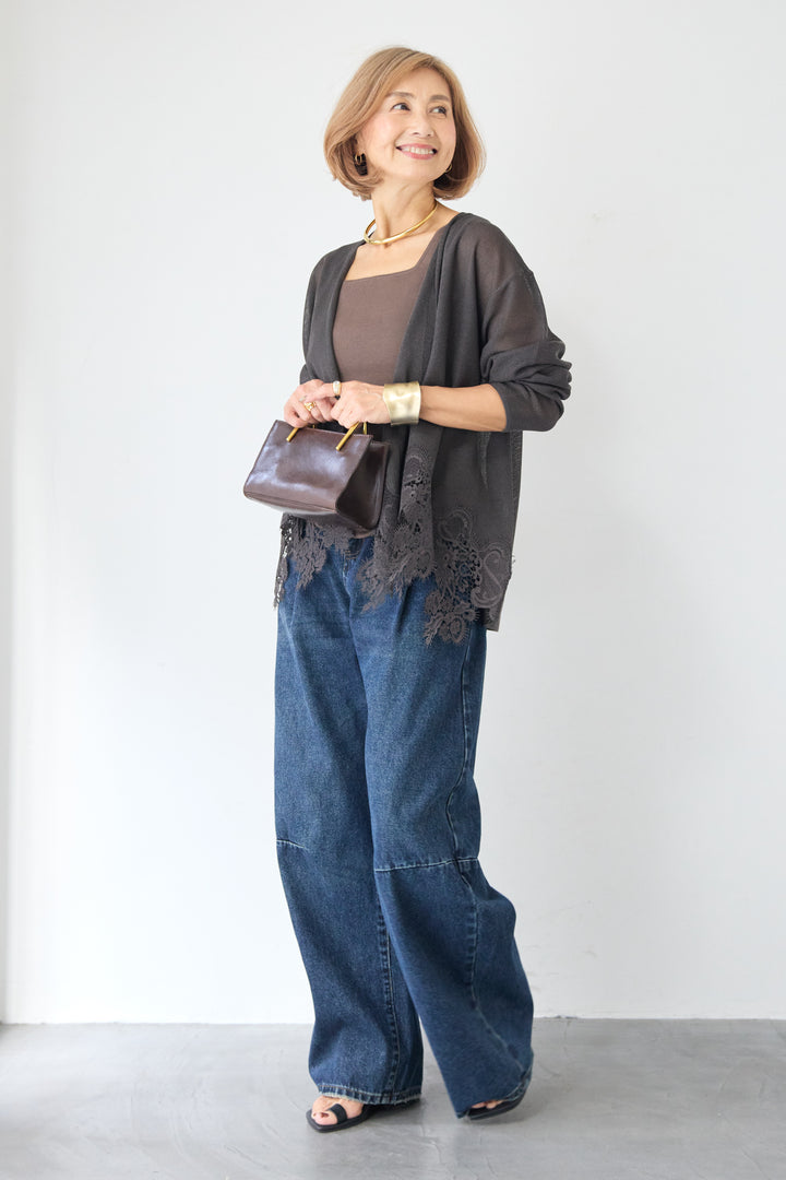 裾リバーレース切り替え シアーニットカーディガン