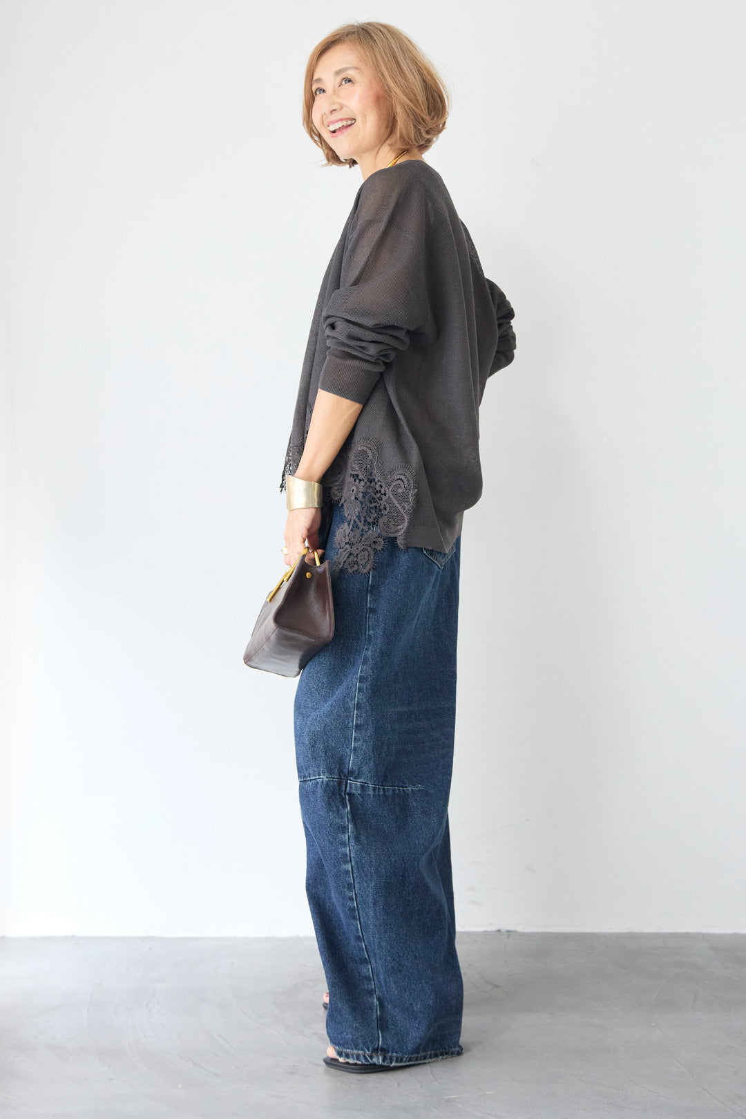 裾リバーレース切り替え シアーニットカーディガン