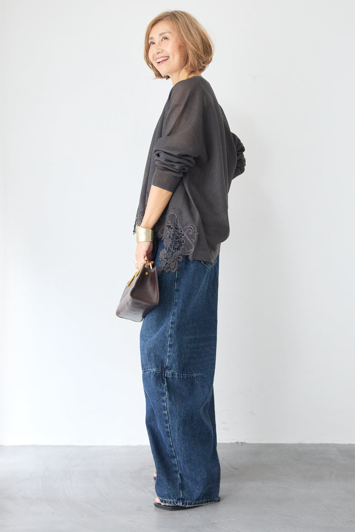 裾リバーレース切り替え シアーニットカーディガン