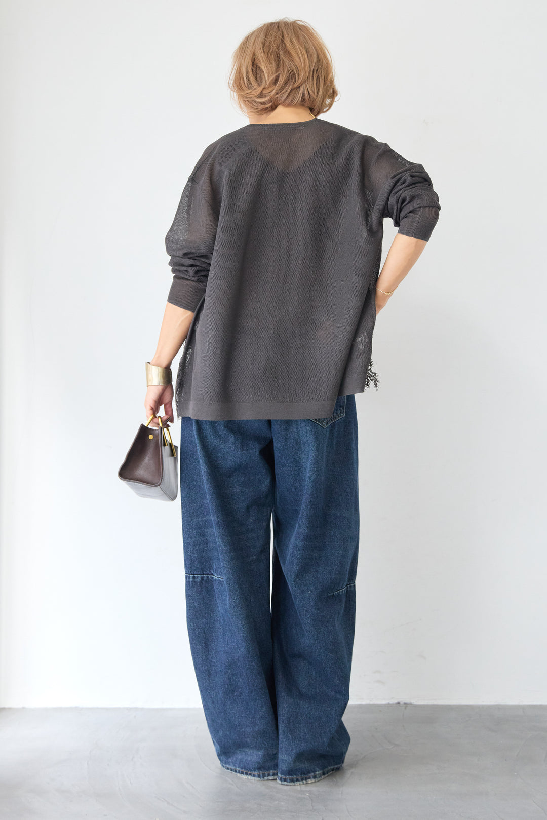 裾リバーレース切り替え シアーニットカーディガン