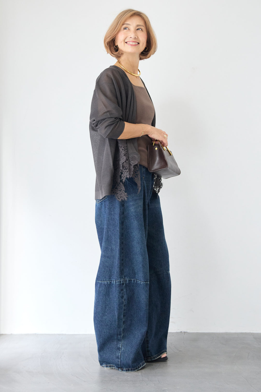 裾リバーレース切り替え シアーニットカーディガン