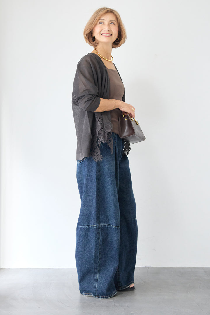 裾リバーレース切り替え シアーニットカーディガン