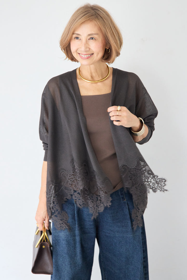 裾リバーレース切り替え シアーニットカーディガン