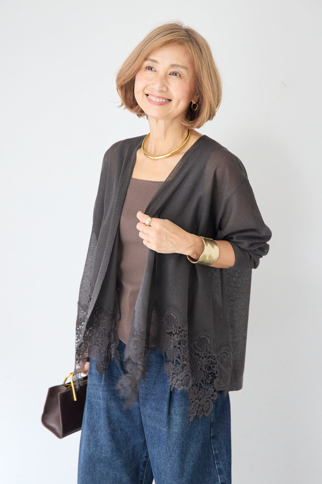 裾リバーレース切り替え シアーニットカーディガン