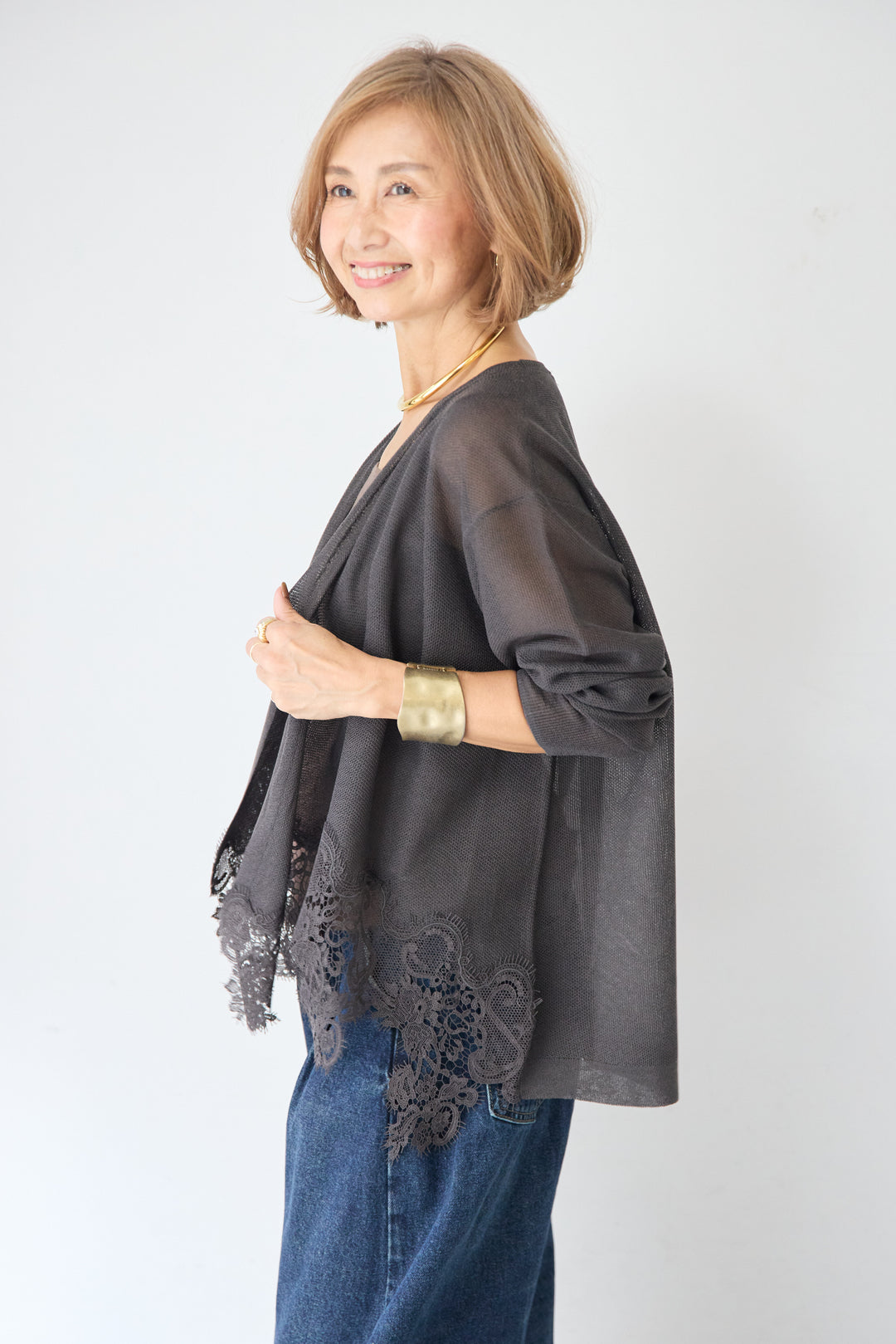 裾リバーレース切り替え シアーニットカーディガン