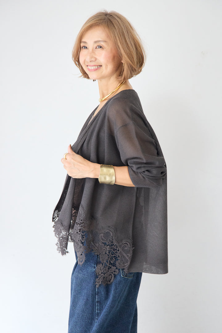 裾リバーレース切り替え シアーニットカーディガン