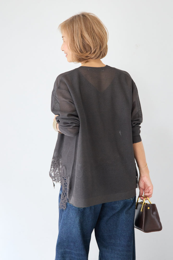 裾リバーレース切り替え シアーニットカーディガン