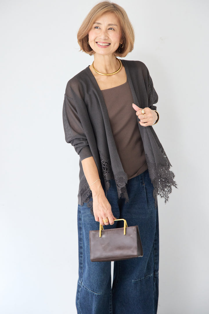 裾リバーレース切り替え シアーニットカーディガン