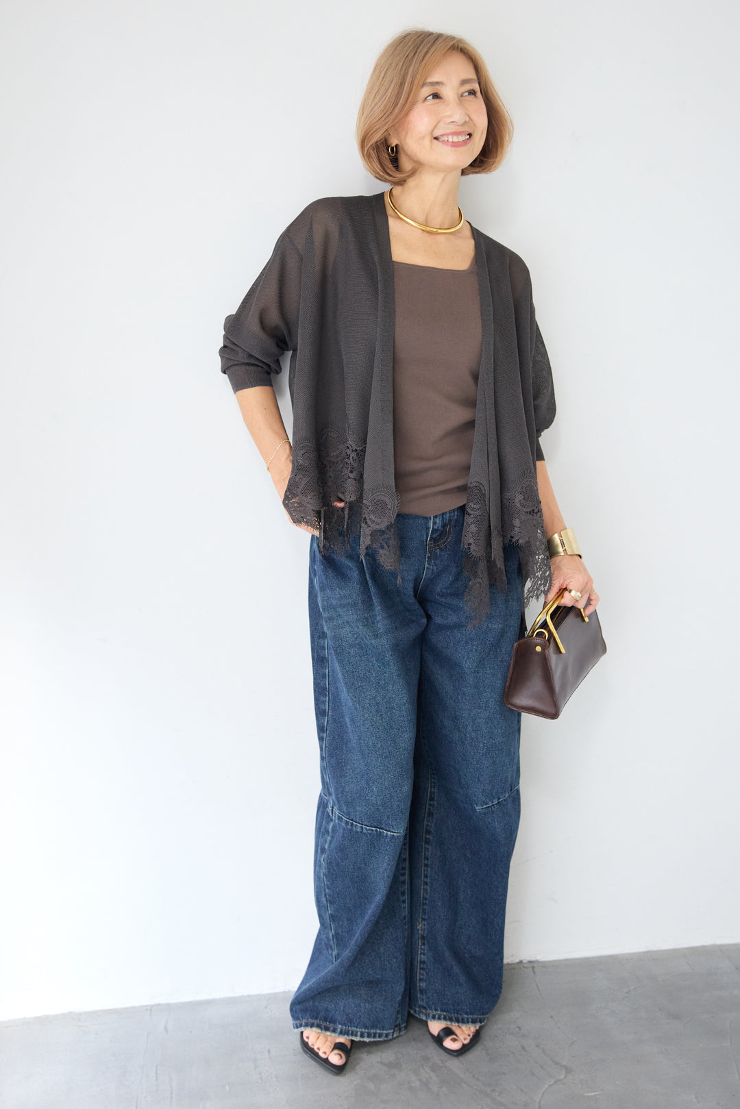 裾リバーレース切り替え シアーニットカーディガン