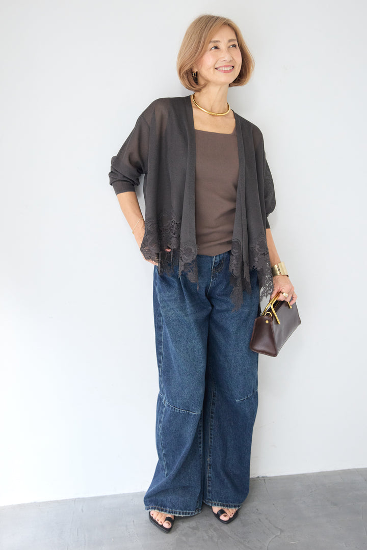 裾リバーレース切り替え シアーニットカーディガン