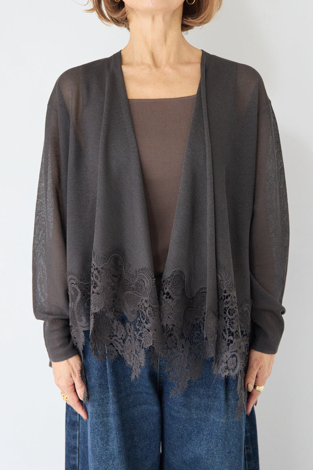 裾リバーレース切り替え シアーニットカーディガン