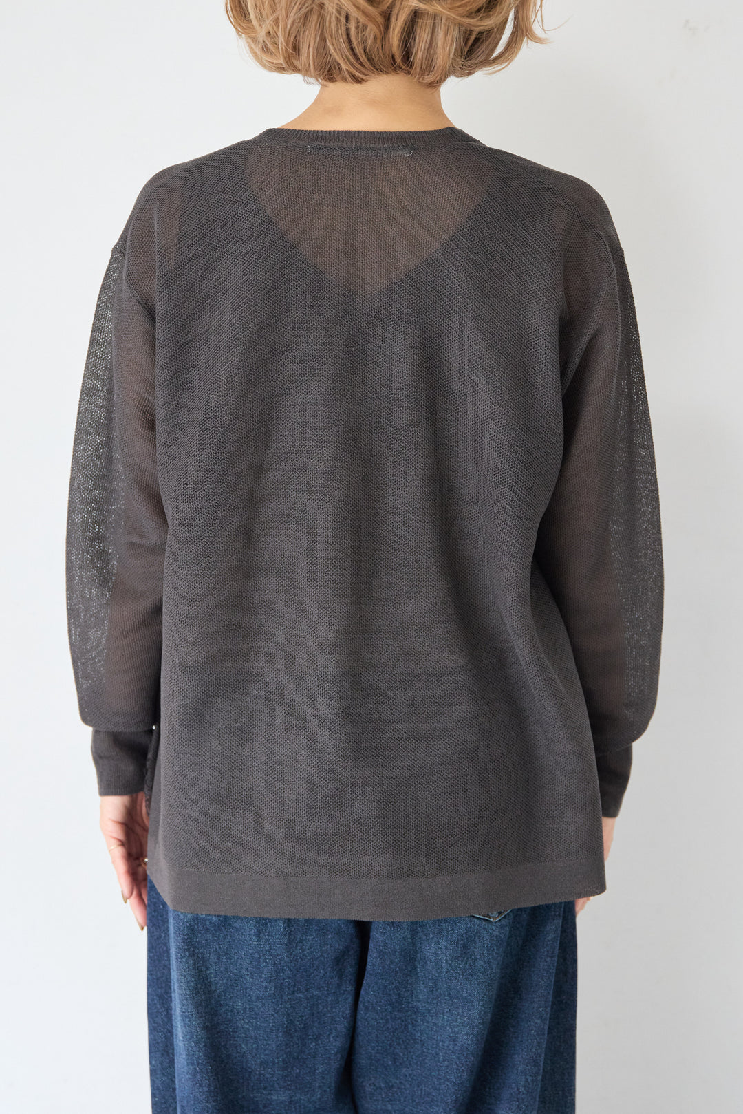 裾リバーレース切り替え シアーニットカーディガン