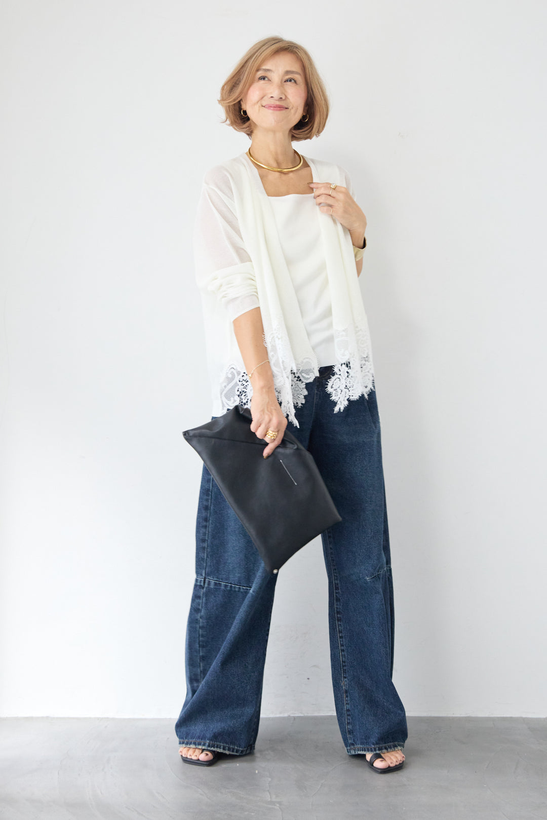 裾リバーレース切り替え シアーニットカーディガン