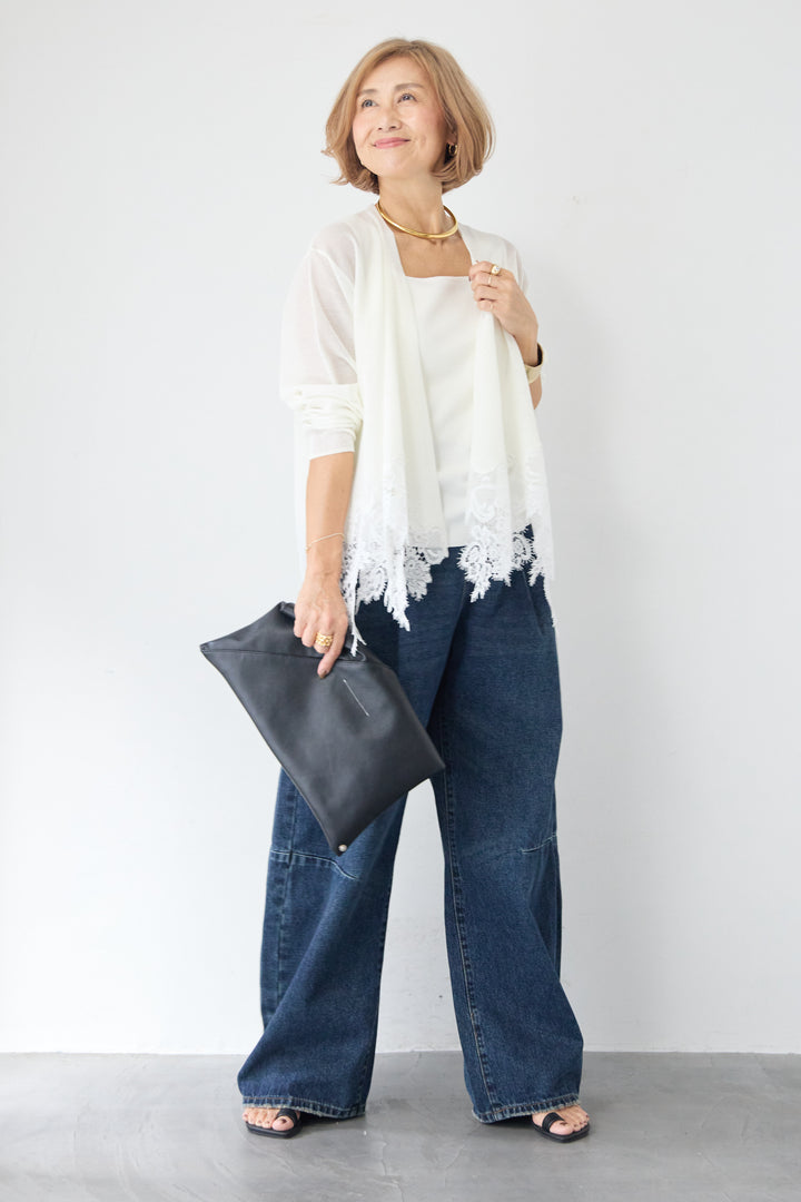 裾リバーレース切り替え シアーニットカーディガン