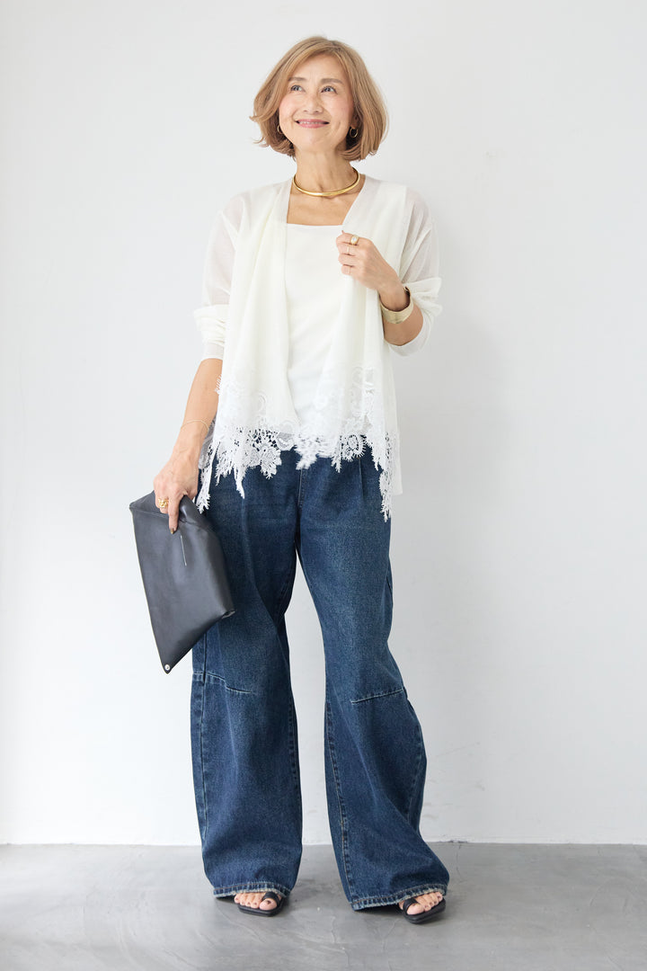 裾リバーレース切り替え シアーニットカーディガン