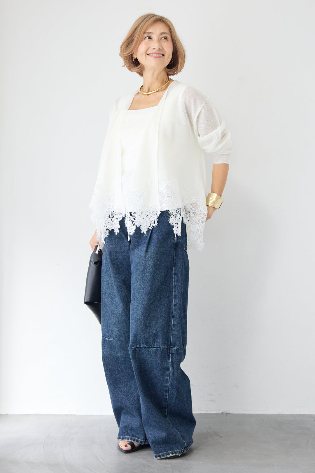 裾リバーレース切り替え シアーニットカーディガン