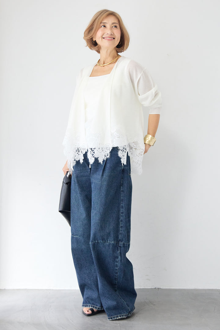 裾リバーレース切り替え シアーニットカーディガン