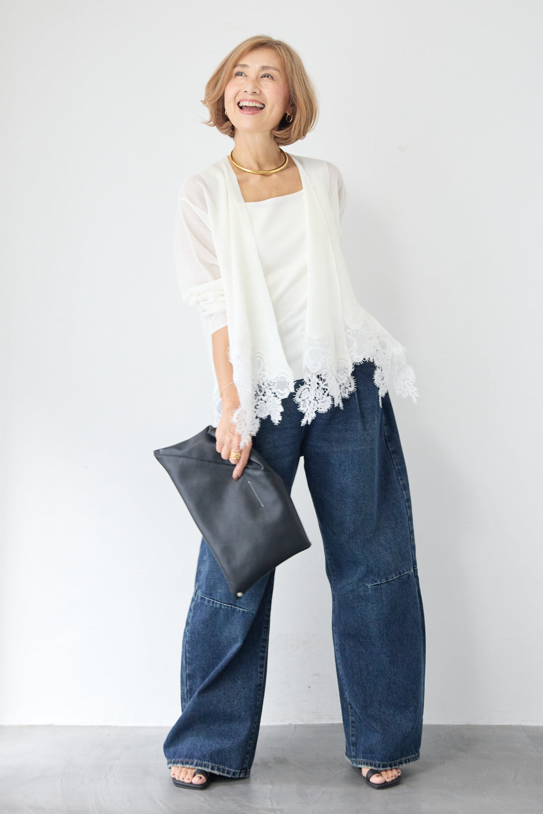 裾リバーレース切り替え シアーニットカーディガン