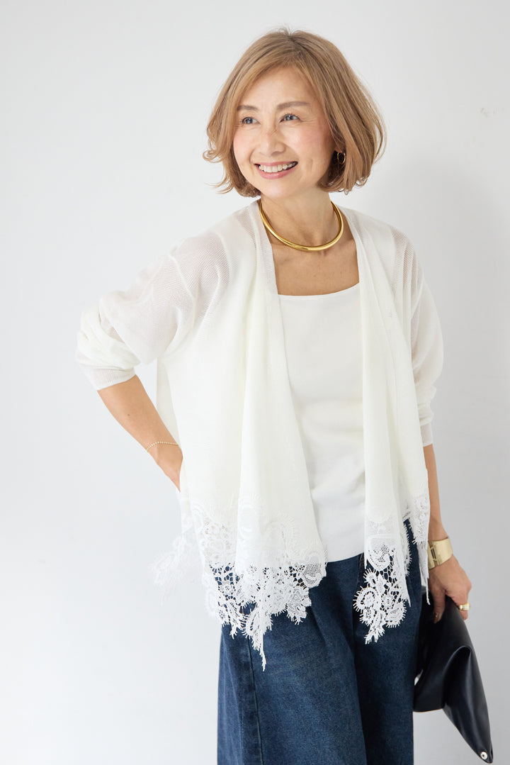 裾リバーレース切り替え シアーニットカーディガン