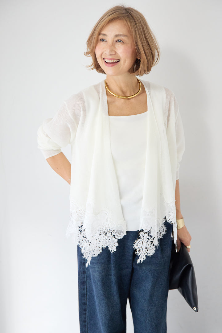 裾リバーレース切り替え シアーニットカーディガン