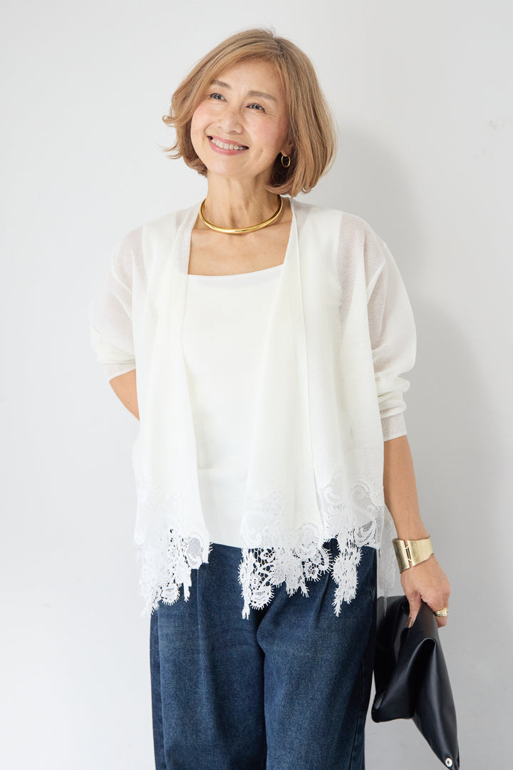 裾リバーレース切り替え シアーニットカーディガン