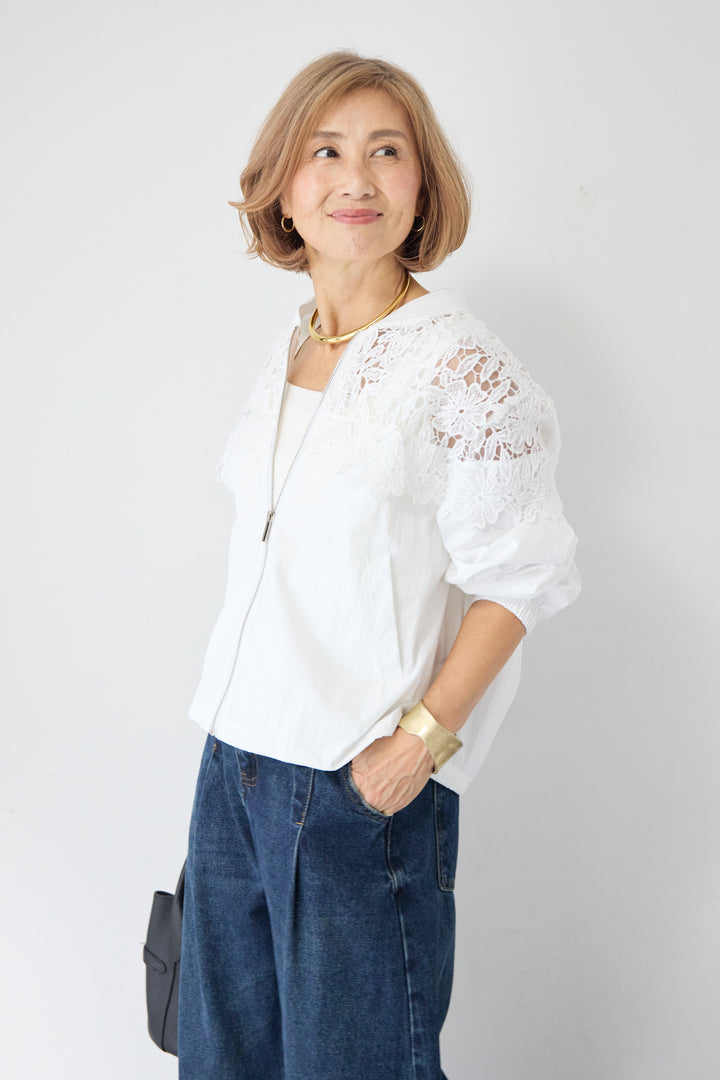 フラワーレース切り替え ジップアップブルゾン