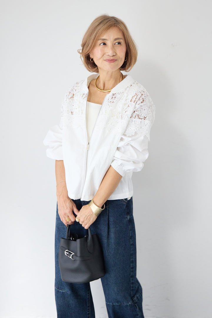 フラワーレース切り替え ジップアップブルゾン