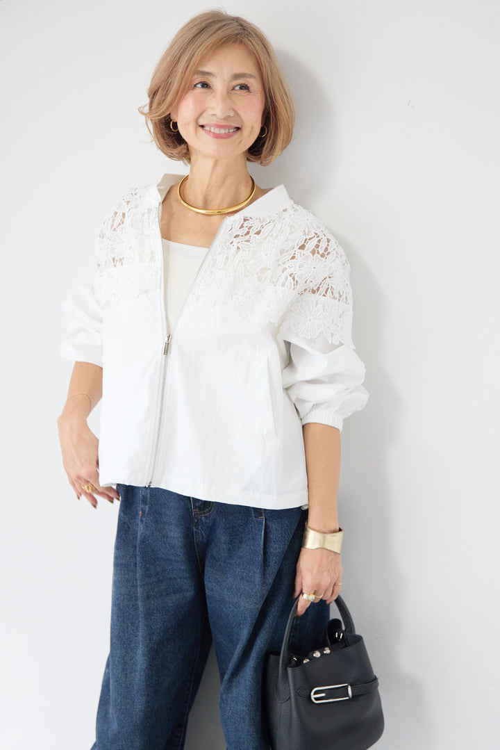 フラワーレース切り替え ジップアップブルゾン