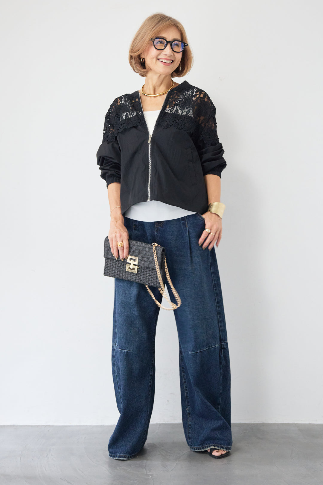 フラワーレース切り替え ジップアップブルゾン