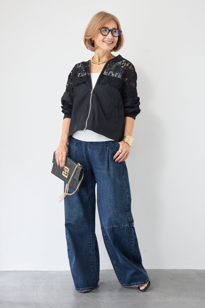 フラワーレース切り替え ジップアップブルゾン