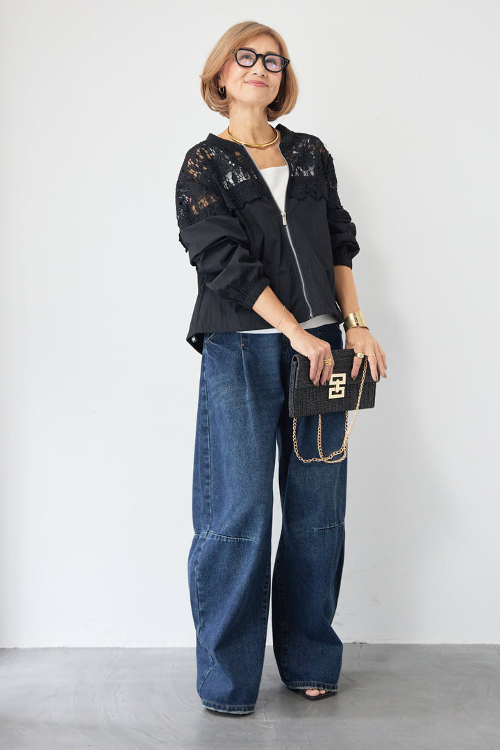 フラワーレース切り替え ジップアップブルゾン