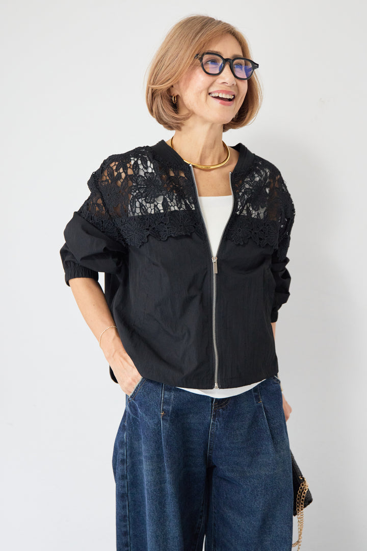 フラワーレース切り替え ジップアップブルゾン