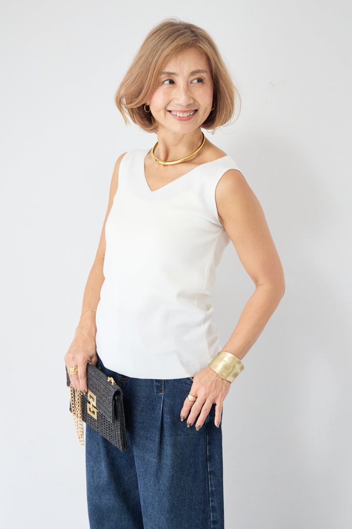 2WAY スクエア＆Vネック リブニットタンクトップ