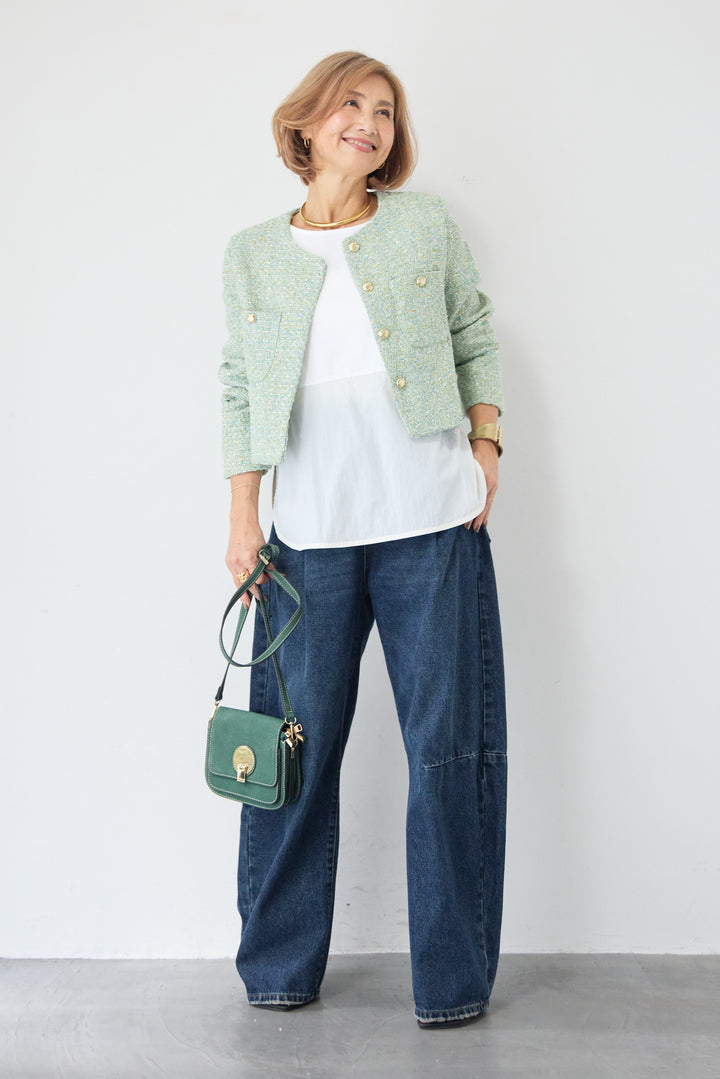 [SET]ツイードノーカラーショートジャケット+カーブデニムパンツ(2set)