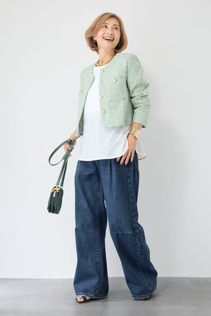 [SET]ツイードノーカラーショートジャケット+カーブデニムパンツ(2set)