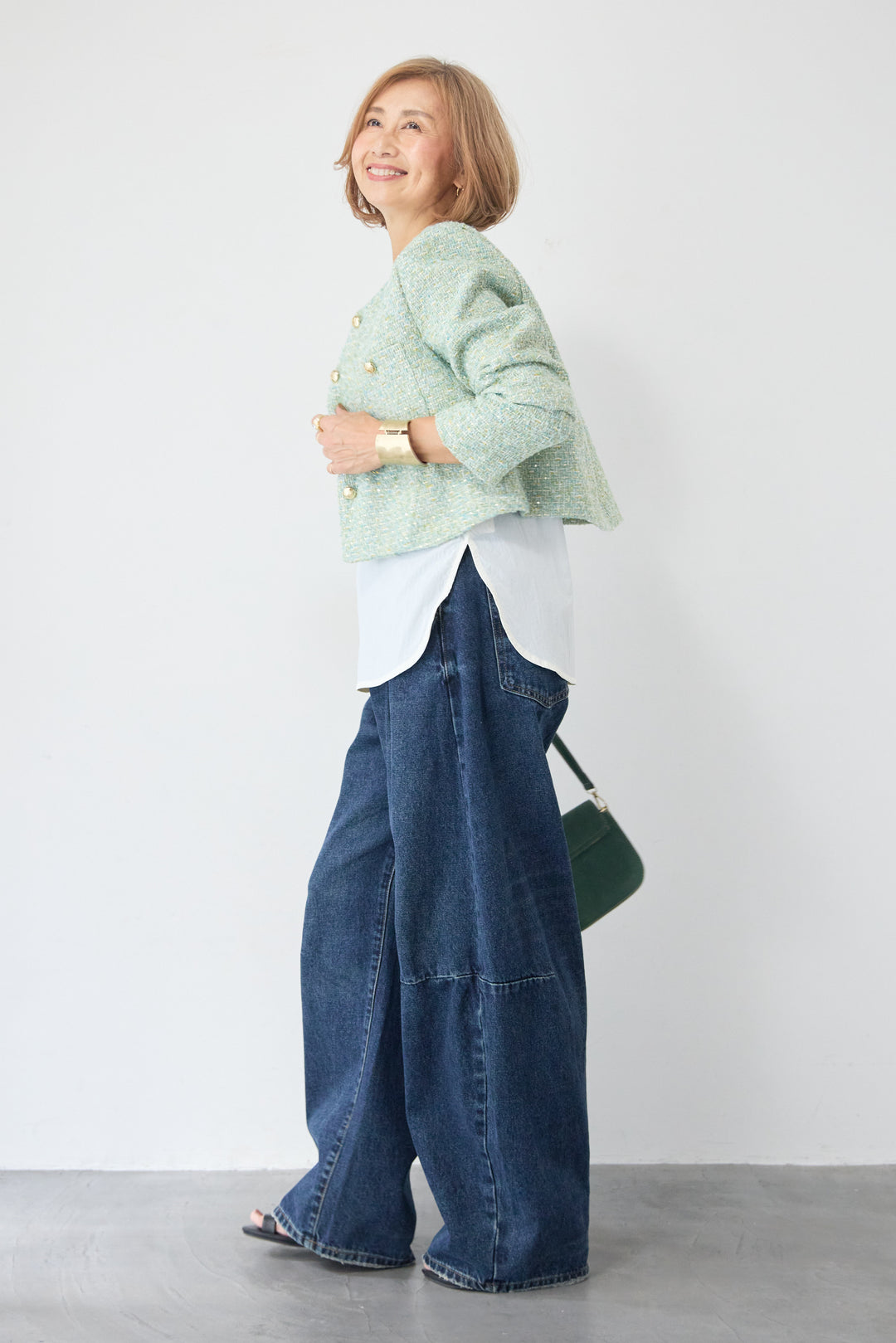 [SET]ツイードノーカラーショートジャケット+カーブデニムパンツ(2set)