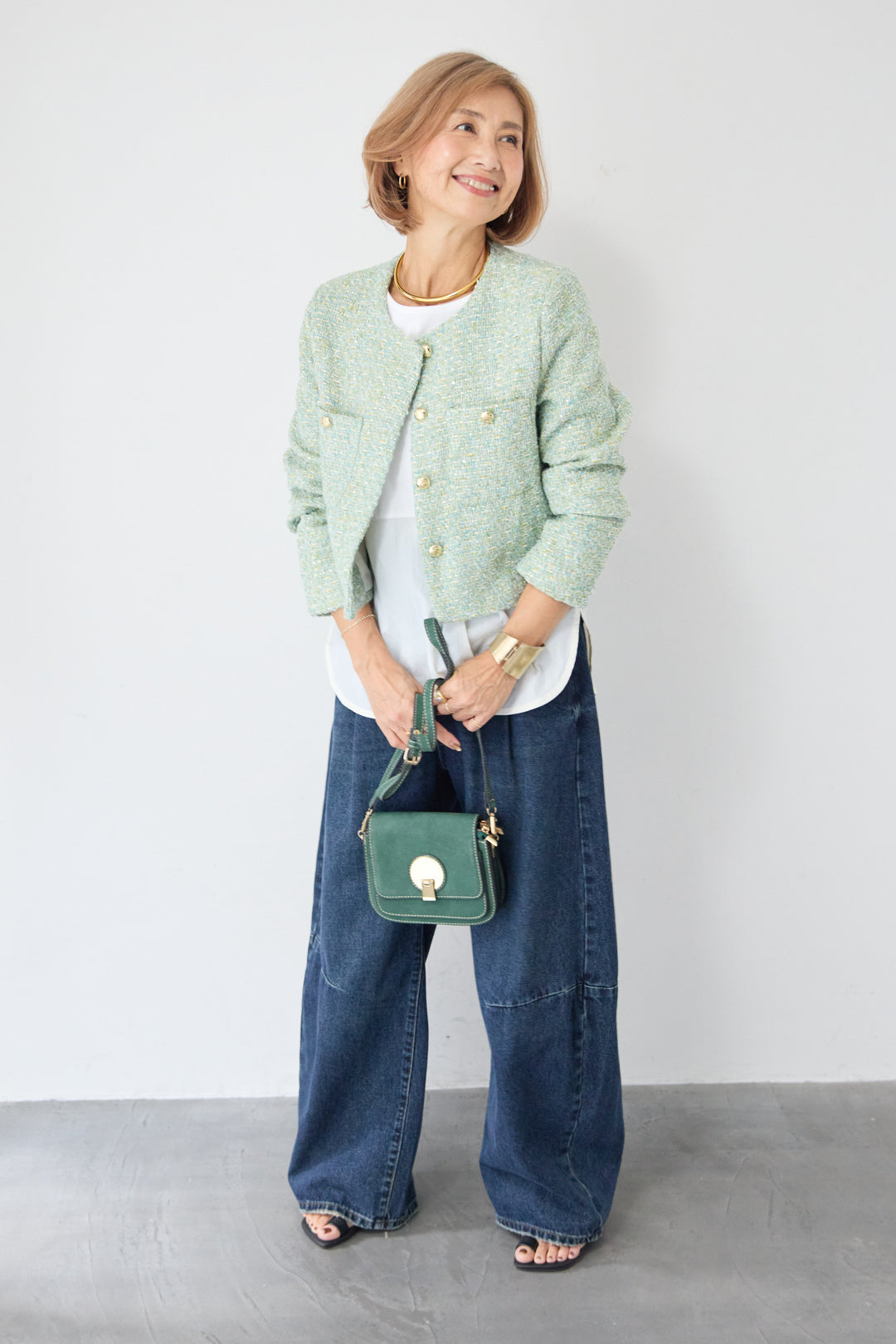 [SET]ツイードノーカラーショートジャケット+カーブデニムパンツ(2set)