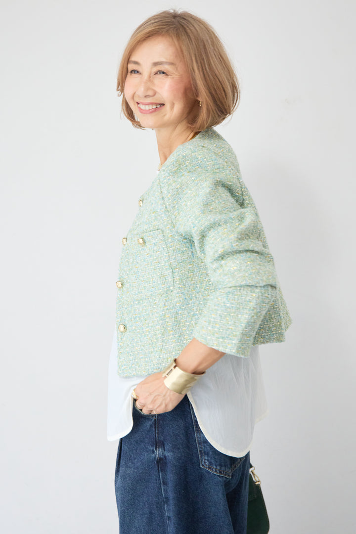 [SET]ツイードノーカラーショートジャケット+カーブデニムパンツ(2set)