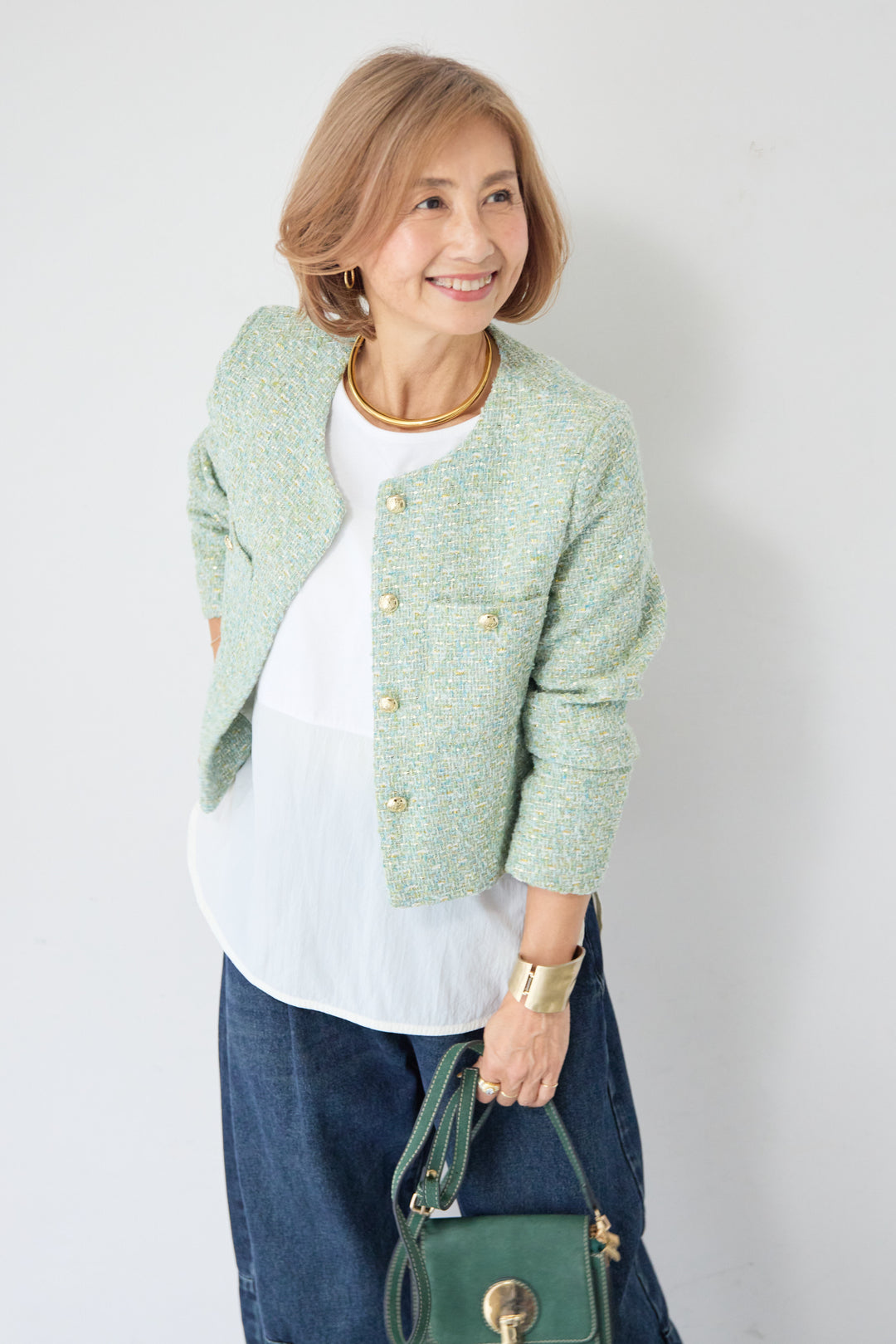 [SET]ツイードノーカラーショートジャケット+カーブデニムパンツ(2set)